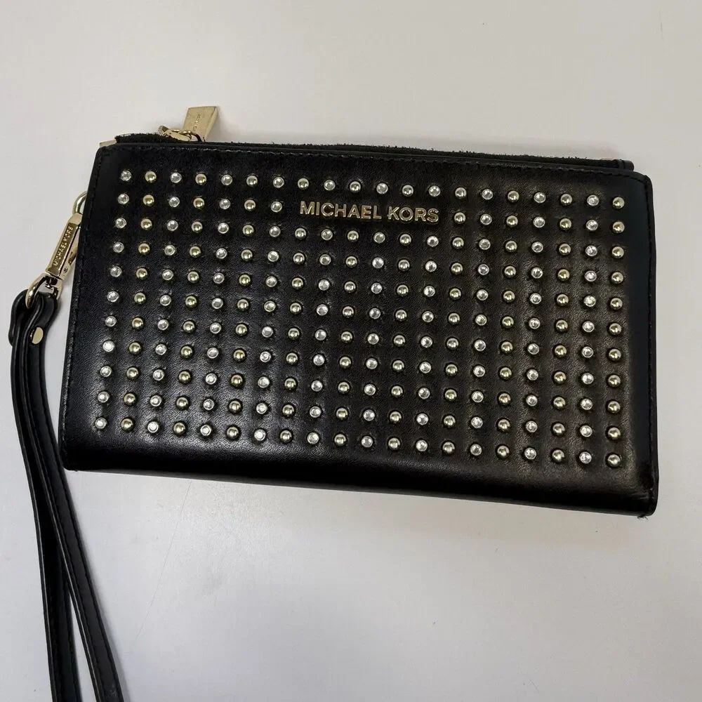 Michael Kors Adele Studded Black Leather Smartphone Wristlet Wallet - Picture 3 of 11